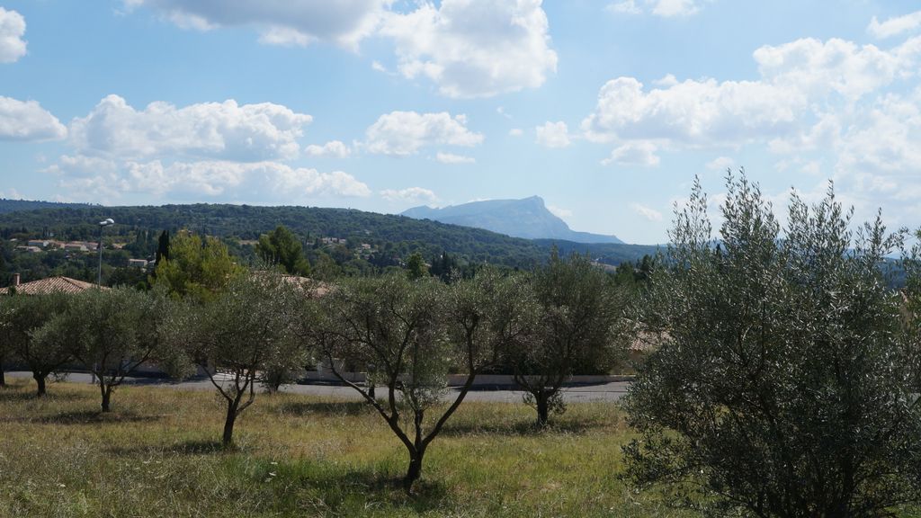 View of the St. Victoire and a small field of olive trees in a residential area in Aix-en-Provence