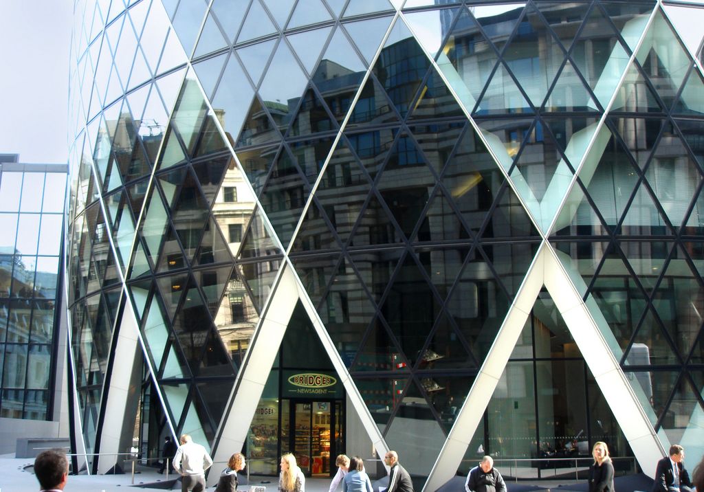 30 St Mary Axe, also known as Gherkin building; home to the offices of Swiss Re, in the City of London