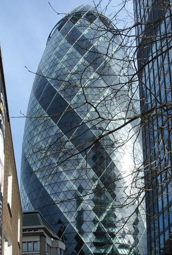 30 St Mary Axe, also known as Gherkin building; home to the offices of Swiss Re, in the City of London